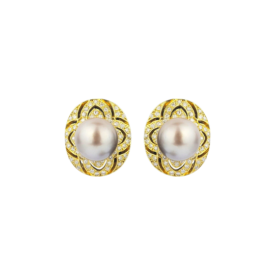 18kt Yellow Gold Tahitian South Sea Pearl and Diamond Stud Earrings