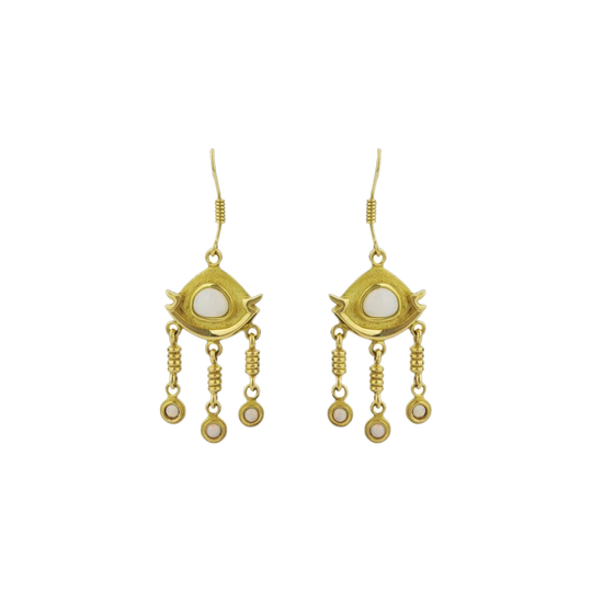 18kt Yellow Gold Natural Light Opal Cabochon Articulated Drop Earrings with Shepherd’s Hook Fittings