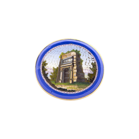 Micro Mosaic Pin, Arch of Titus, Rome — Likely 19th-Century Grand Tour, Untested Gold Frame