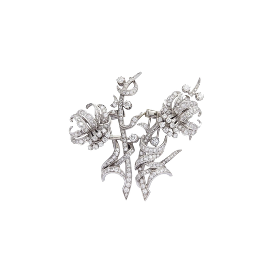 French 1950s Convertible Double-Clip Diamond Floral Spray Brooch with Detachable Ear Clips in Platinum and 18ct Gold