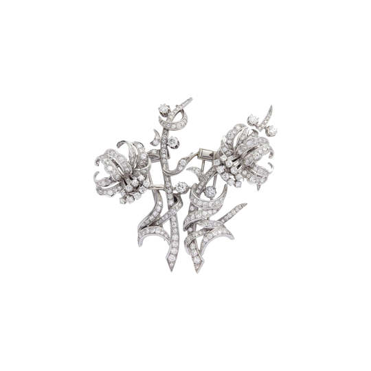 French 1950s Convertible Double-Clip Diamond Floral Spray Brooch with Detachable Ear Clips in Platinum and 18ct Gold