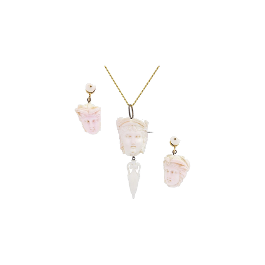 Italian Grand Tour Etruscan Revival Angel Skin Coral Earrings and Detachable Urn Brooch-Pendant Suite, c. 1870s