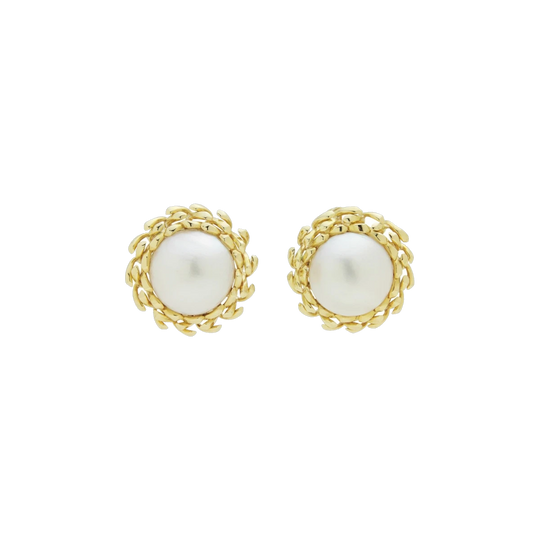 18K Yellow Gold Mabe Pearl Woven Wreath Stud Earrings with Omega Clips