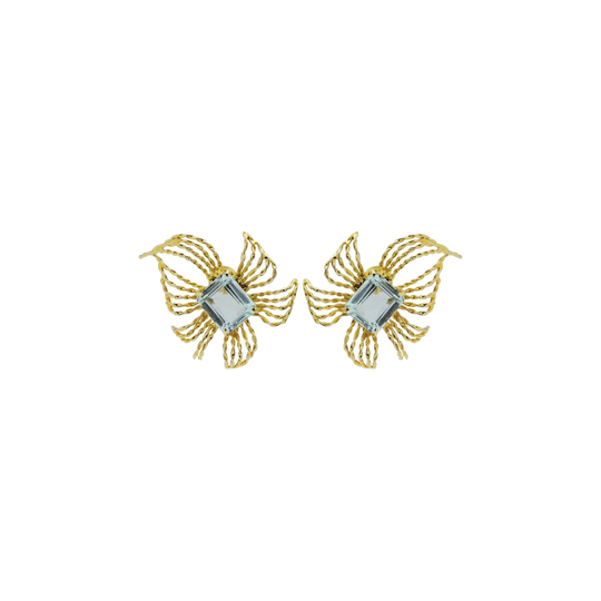 Retro Period Aquamarine and 10kt Yellow Gold Screw-Back Earrings, Octagonal Cut, Mid-20th Century