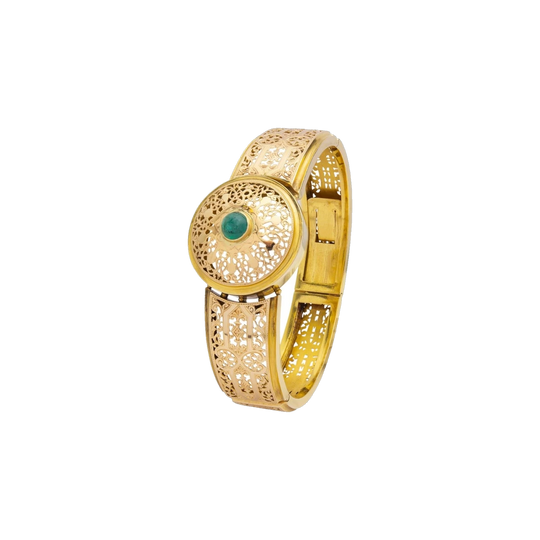 French 18 Karat Rose and Yellow Gold Hinged Bangle with Cabochon Emerald, Late 19th Century