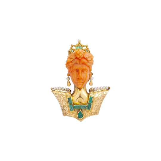 18 Karat Yellow Gold Carved Coral Bust Brooch-Pendant with Emeralds and Cultured Pearls