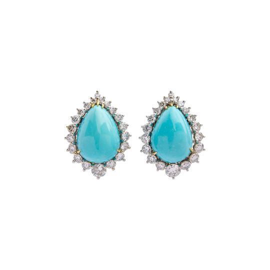 Vintage 18K White & Yellow Gold Turquoise and Diamond Ear Clips, Pear-Shaped Cabochons, 4.90 Carat