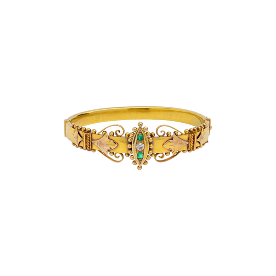 Hiddlestone & Saunders Hinged Bangle, 15ct Yellow Gold with Emeralds and Old European Cut Diamond, Melbourne, Early 20th Century
