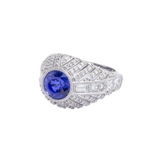 18ct White Gold Ceylon Sapphire and Diamond Ring, 2.70ct Round Mixed Cut, 1.96ct Diamonds, Millgrain