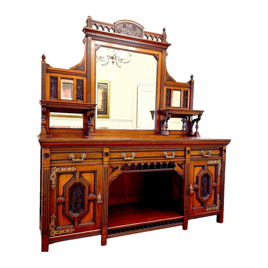 Antique Carved Walnut Mirror-Back Sideboard by Maple & Co., London, c. 1890 – Royal Warrant by Queen Victoria; Provenance: Dame Elisabeth Murdoch, Cruden Farm