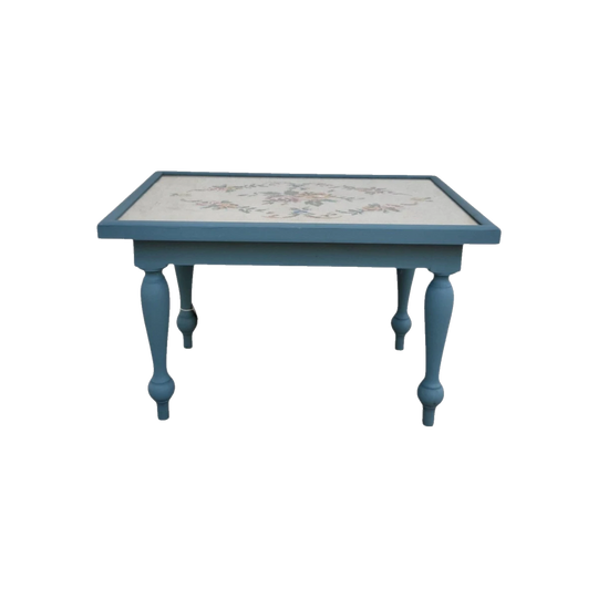 Vintage Blue Needlepoint Coffee or Side Table, Hand‑Stitched Floral Tapestry Under Glass