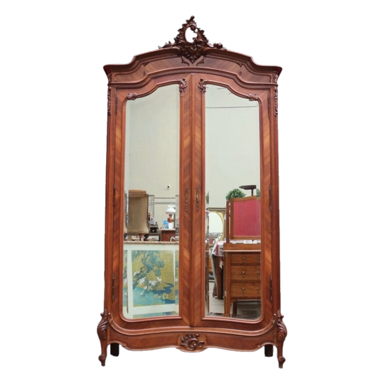 Grand French Walnut Armoire with Bevelled Mirror Doors and Carved Detail, c. 1870