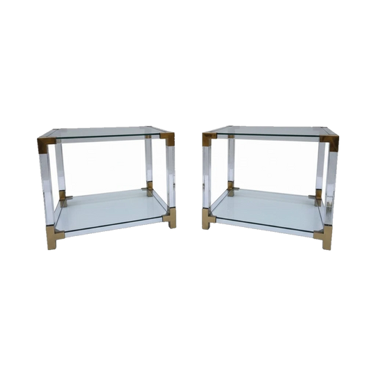 Lucite and Tempered Glass Two-Tier Side Table with Brass Corner Details