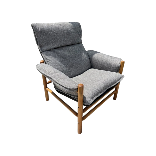 Restored Scandinavian Lounge Chair with Original Canvas Sling and Warwick Milano ‘Shale’ Upholstery