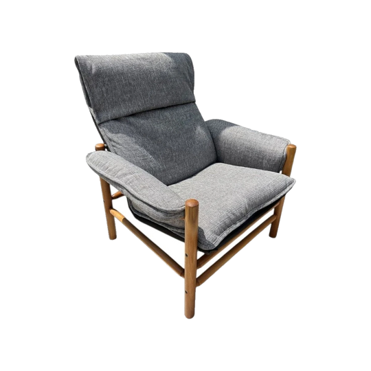 Restored Scandinavian Lounge Chair with Original Canvas Sling and Warwick Milano ‘Shale’ Upholstery