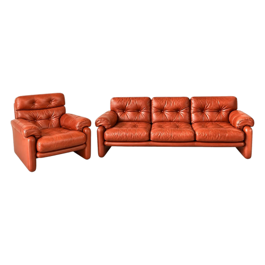 Vintage 1960s Cognac Leather Coronado-Style 3 Seater Lounge and Armchair, Tobia Scarpa / B&B Italia
