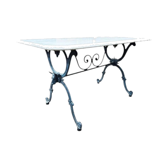 19th-Century Country French Cast Iron Butcher’s Table with White Carrara Marble Top and Bull’s Head Motifs