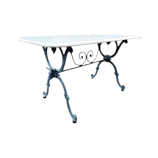 19th-Century Country French Cast Iron Butcher’s Table with White Carrara Marble Top and Bull’s Head Motifs