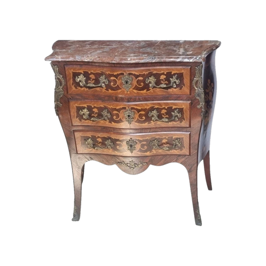 Early 20th Century French Marquetry Commode with Rouge Marble Top and Bronze Mounts