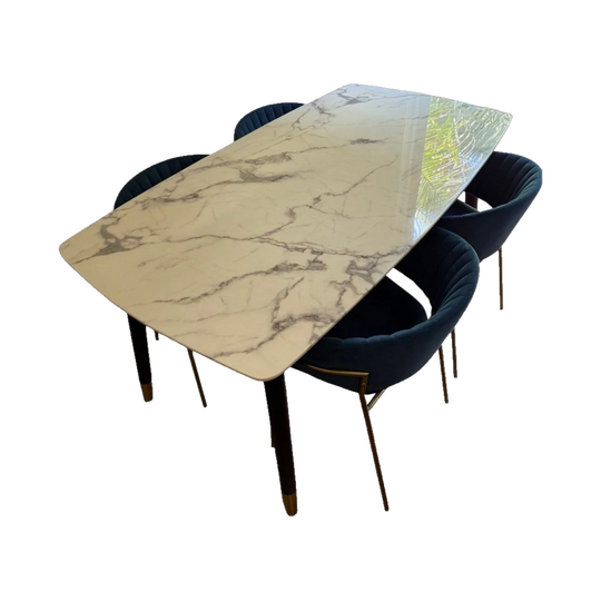 Marble Table 4 Blue chairs From Domayne