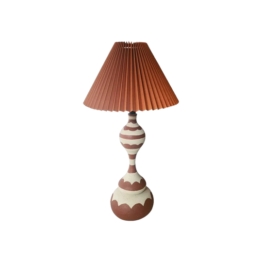 Upcycled Hand-Painted Table Lamp, Stone-Look Base with Scallop & Stripe Detailing, Terracotta Pleated Shade