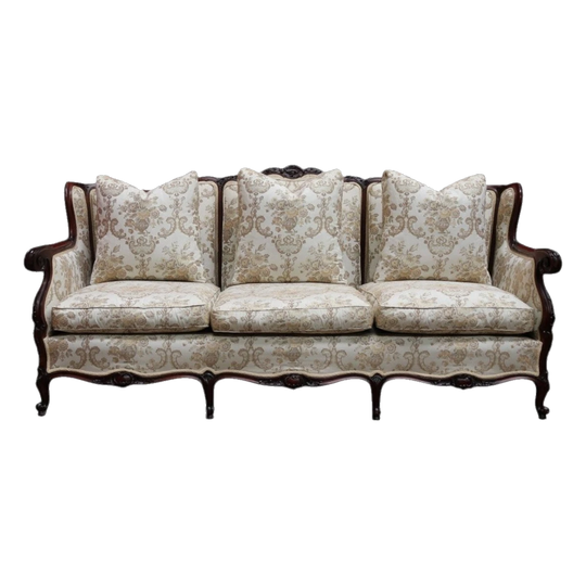 Antique Victorian or Rococo Revival Walnut Sofa, Cream Floral Upholstery with Feather Cushions, France c.1930