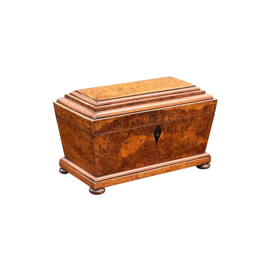 English Pollard Oak Sarcophagus-Shaped Document Box, c.1860, with Bun Feet and Ebonised Diamond Escutcheon