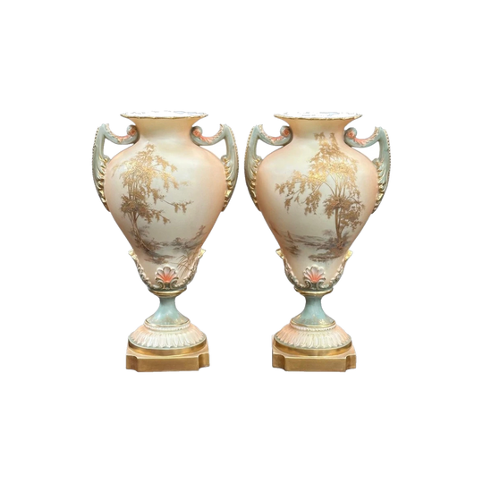 Pair of Royal Worcester Blush Ivory Gilt Baluster Vases, Shape 1959, c.1899