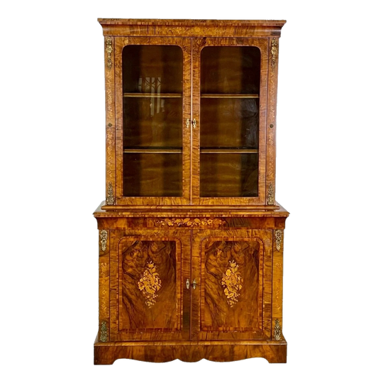 Antique Victorian Inlaid Walnut Two-Height Bookcase / Display Cabinet, English, 19th Century