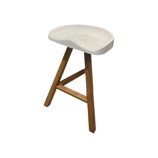 Heidi Bar Stool by Established & Sons – Glossy White Polyurethane Saddle Seat, Solid Oak Base