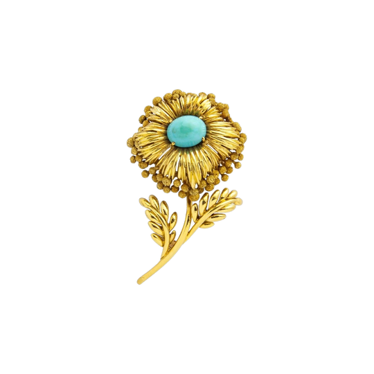 Mid-Century Tiffany & Co 18 Karat Yellow Gold Flower Brooch with Cabochon Turquoise, Italy
