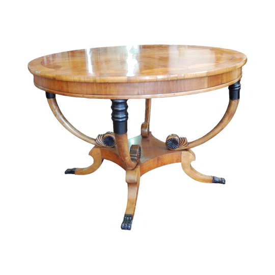 Biedermeier Revival Round Table in Cherry-Wood Veneer with Ebonised Details