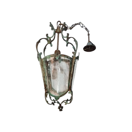 Vintage French Louis XV Style Cast Brass/Bronze Lantern with Four Clear Glass Panels