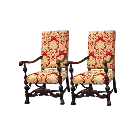 Pair of Carved Armchairs in the Style of Mary II, Recently Reupholstered