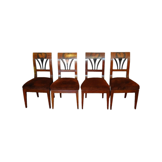 Set of Four Biedermeier Chairs in Fruitwood and Walnut with Ebonised Details