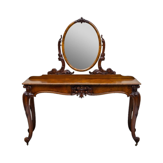 Victorian Walnut Dressing Table with Oval Mirror and Carved Cabriole Legs