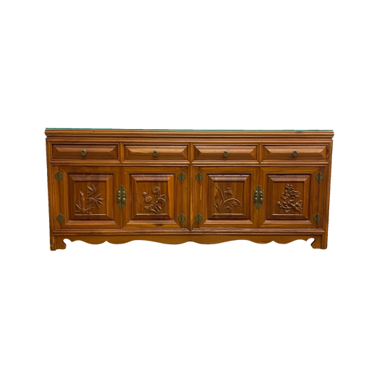 Vintage Chinese Elm Bedside Cabinet or Low Chest with Glass Top, Four Drawers and Carved Pane Doors