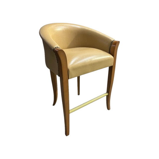 Vintage Italian Bar Stool – Soft Yellow Vinyl, Polished Timber, Brass Studs, Gold Textured Foot Rail