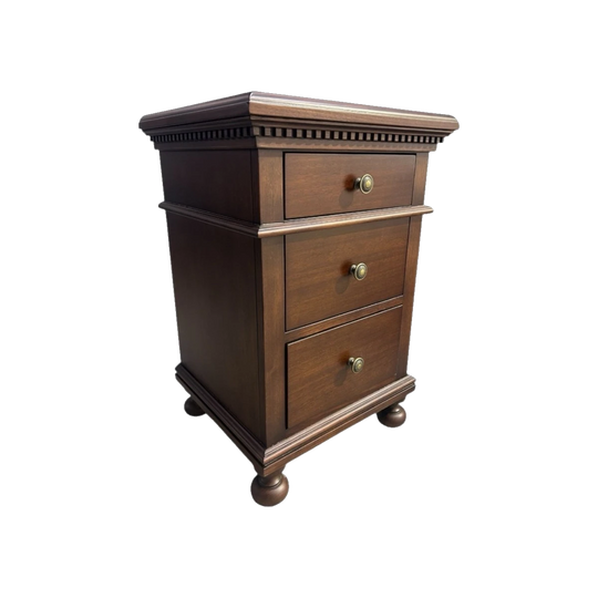 Custom-Made Solid Timber Bedside Table in Walnut Polish with Dentil Edging, Three Drawers and Brass Hardware – Australian Made