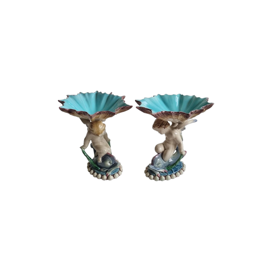 Pair of Minton Majolica Cherub Riding Dolphin Serving Dishes, c.1870, MAJ 49, Factory Marked