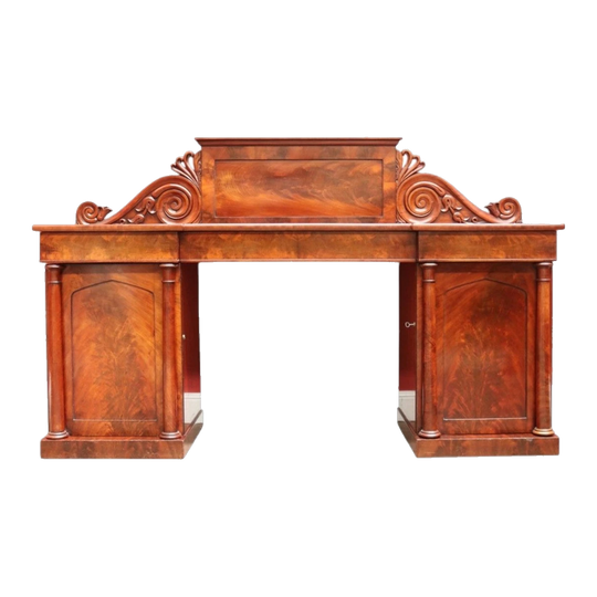 Antique English Mahogany Twin Pedestal Sideboard with Flame Mahogany Panels, Circa 1830