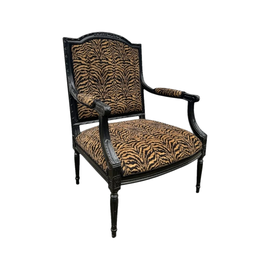 Louis XVI-Style Armchair, Black Carved Timber Frame with Tiger-Pattern Upholstery