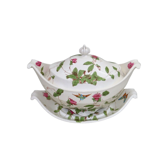 Large Copeland hand coloured lidded tureen on stand