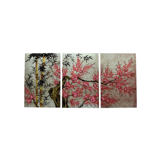 Set of Three Japanese Cherry Blossom and Bamboo Panels with Gold Leaf and Lacquer, c. 1880