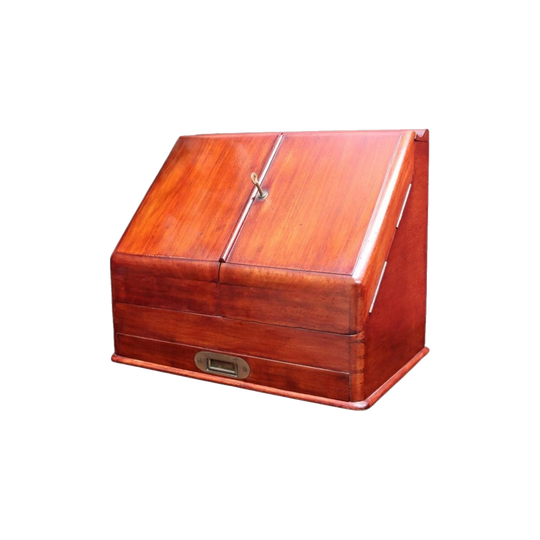 Antique English Mahogany Stationery Cabinet with Compendium Interior and Glass Ink Bottles, c. 1860