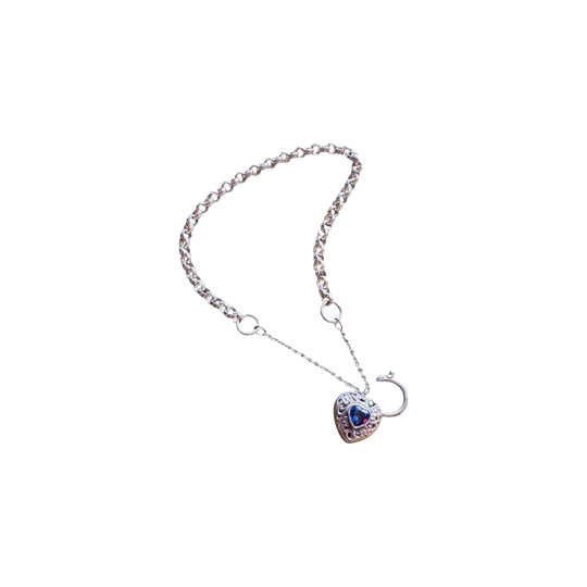 Vintage Sterling Silver Rolo Link Bracelet with Heart Padlock and Blue Stone