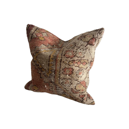 Vintage Rug Cushion – Beige, Light Sage, Taupe, Mustard and Watermelon, 50 x 50 cm, Feather Insert