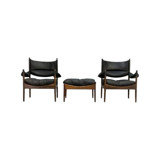 Kristian Solmer Vedel for Villadsen Modus Three-Piece Lounge Chair and Footstool Set, Brazilian Rosewood and Black Leather, Denmark