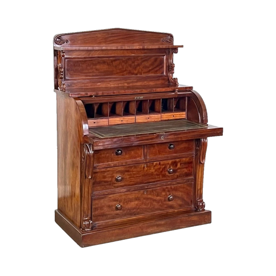 Antique English William IV Cuban Mahogany Combination Chiffonier and Cylinder Writing Desk, 1830–1837