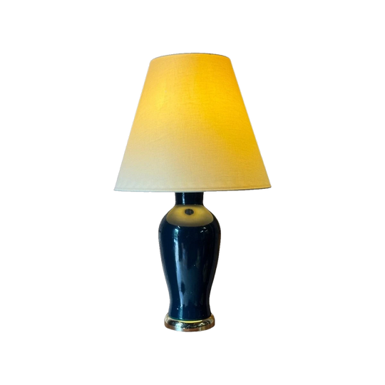 Vintage Blue Porcelain Table Lamp with Brass Base and Original Cream Fabric Shade